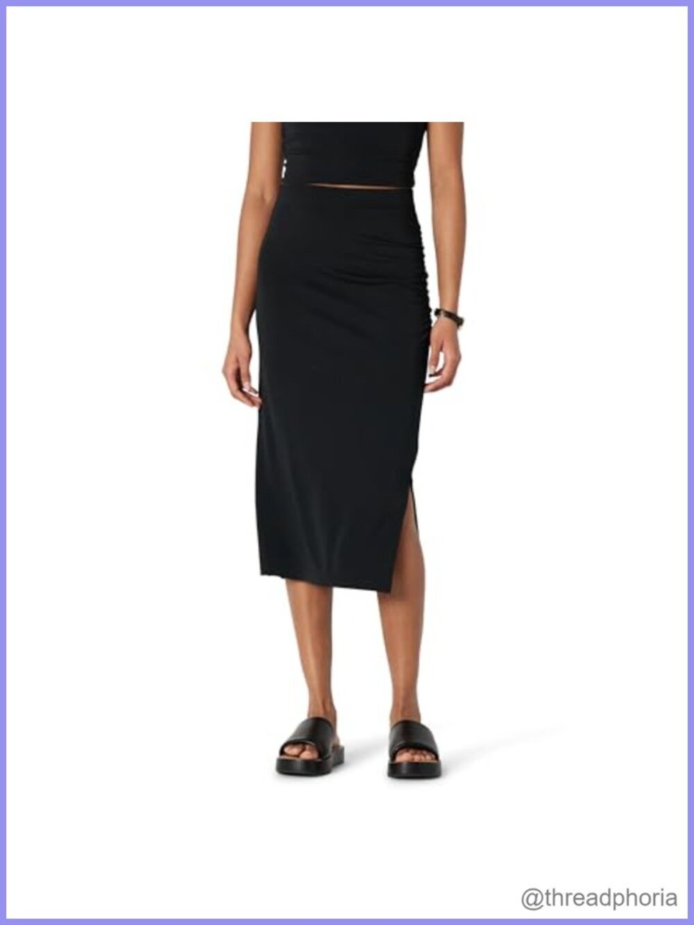 Women's Slim-Fit Ruched Matte Jersey Midi Skirt Side Slit